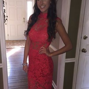 red lace floor length dress from Xenia